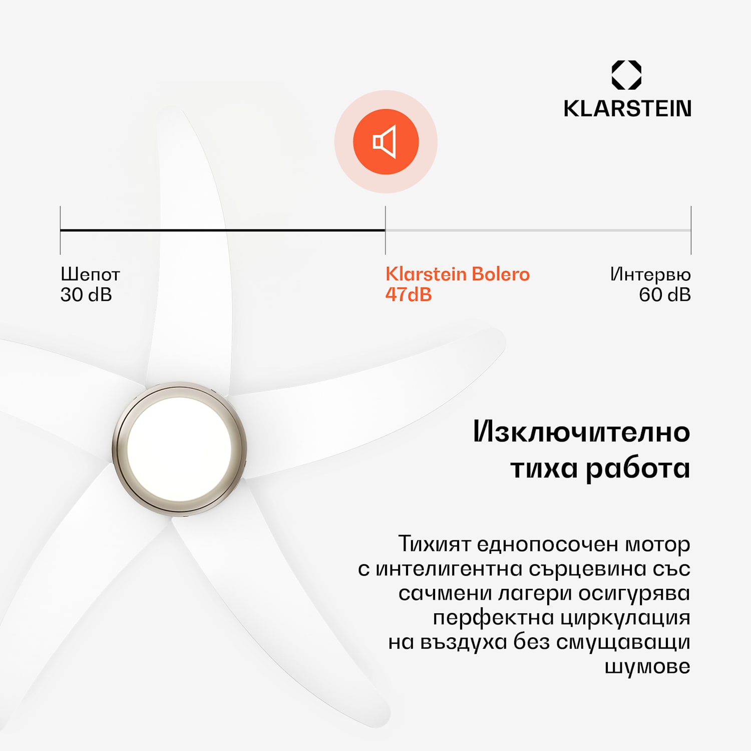 Bolero таванен вентилатор с осветление | 132 см | 35 W | Тих режим | Дърво 132 cm (стаи 13–25 m²) | Дистанционно управление | Бял