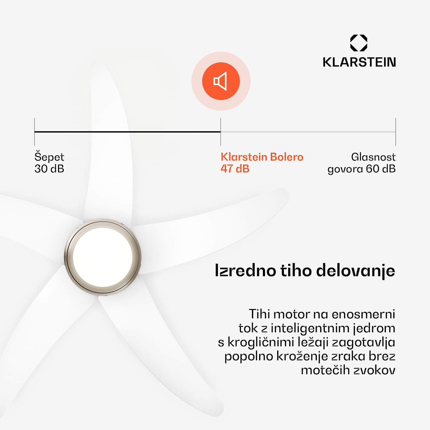 Stropni ventilator Bolero z lučjo | 132 cm | 35 W | Tih delovanje | Les 132 cm (sobe 13–25 m²) | Daljinski upravljalnik | Bela