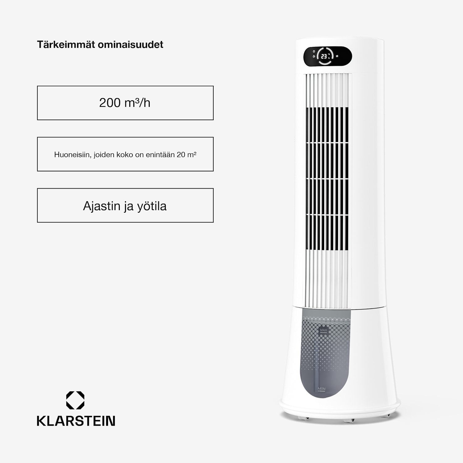 Frost ilmaviilennin vesijäähdytyksellä | 200 m³/h | 7 l | 20 m² | 2 viilypakettia | 4 tilaa | 45 W 200 m³/h | Valkoinen