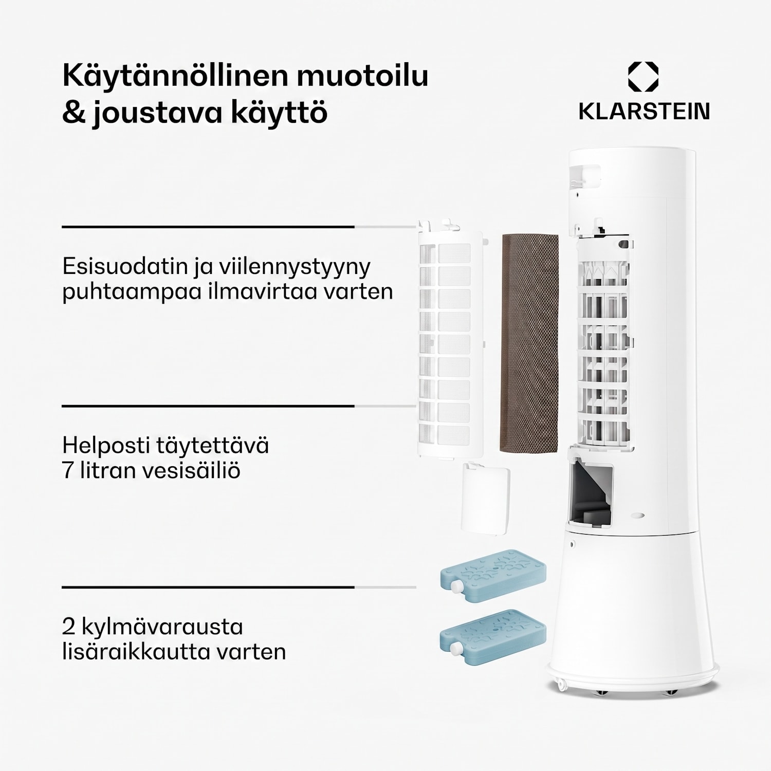 Frost ilmaviilennin vesijäähdytyksellä | 200 m³/h | 7 l | 20 m² | 2 viilypakettia | 4 tilaa | 45 W 200 m³/h | Valkoinen