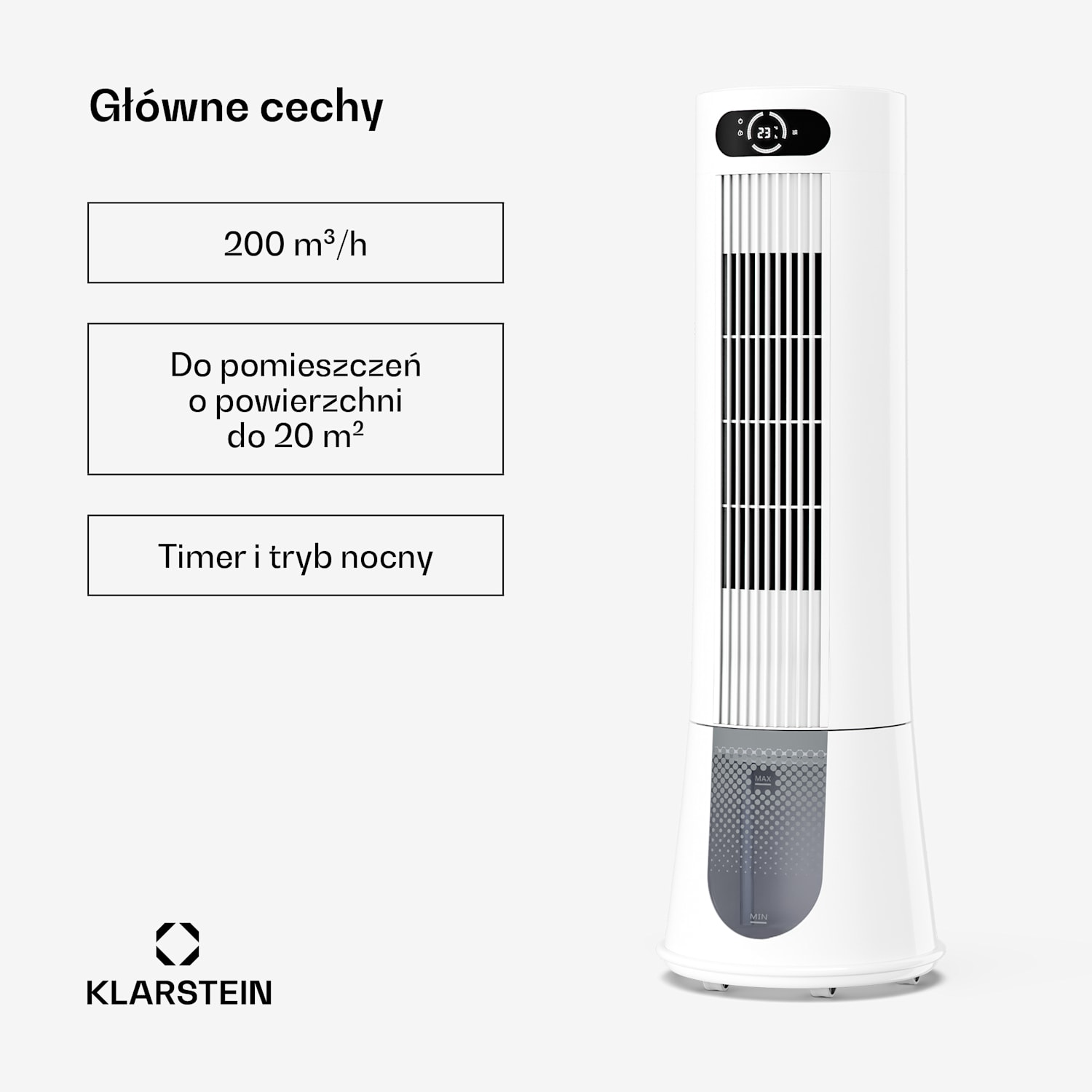 Schładzacz powietrza Frost z chłodzeniem wodnym | 200 m³/h | 7 l | 20 m² | 2 wkłady chłodzące | 4 tryby | 45 W 200 m³/h | Biały