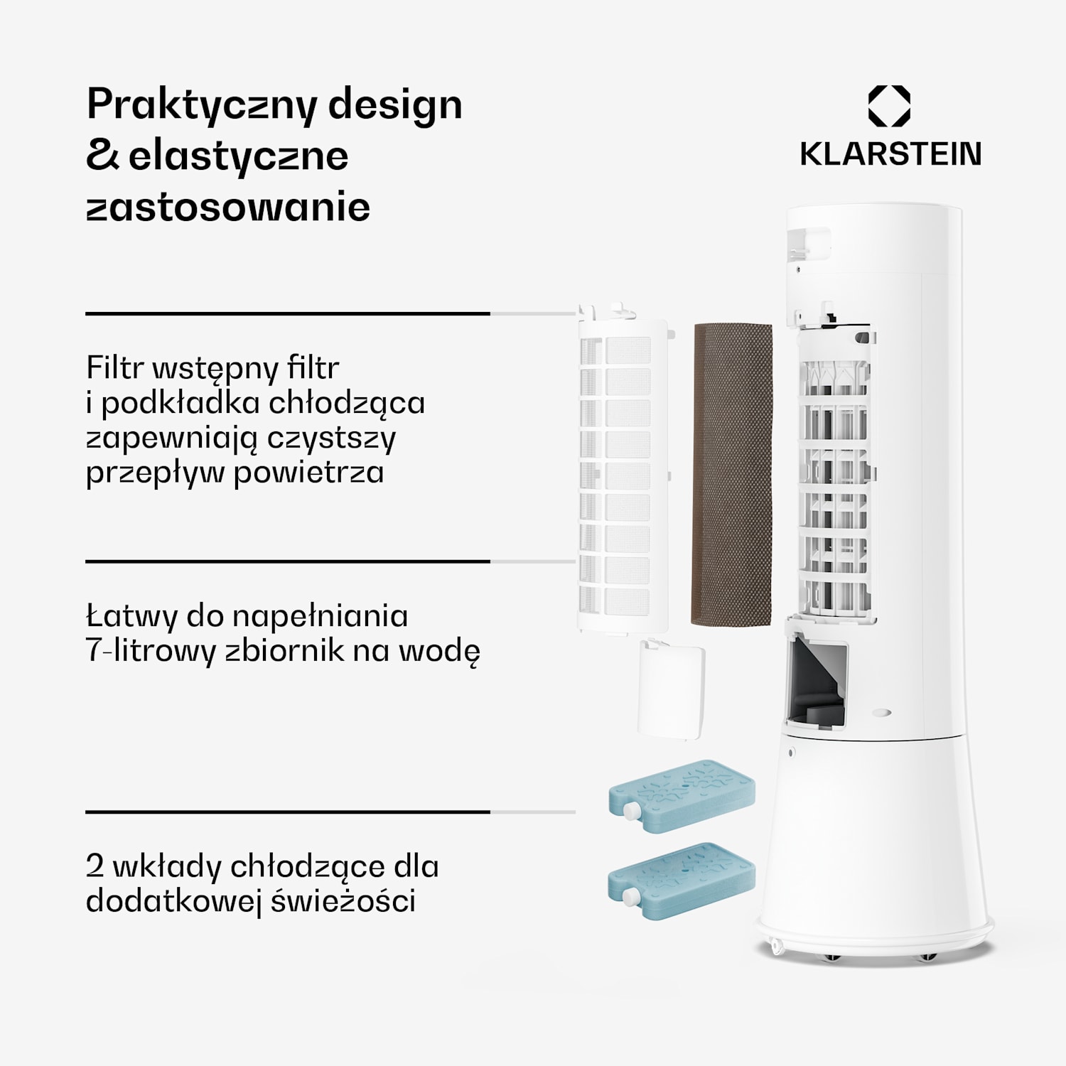 Schładzacz powietrza Frost z chłodzeniem wodnym | 200 m³/h | 7 l | 20 m² | 2 wkłady chłodzące | 4 tryby | 45 W 200 m³/h | Biały