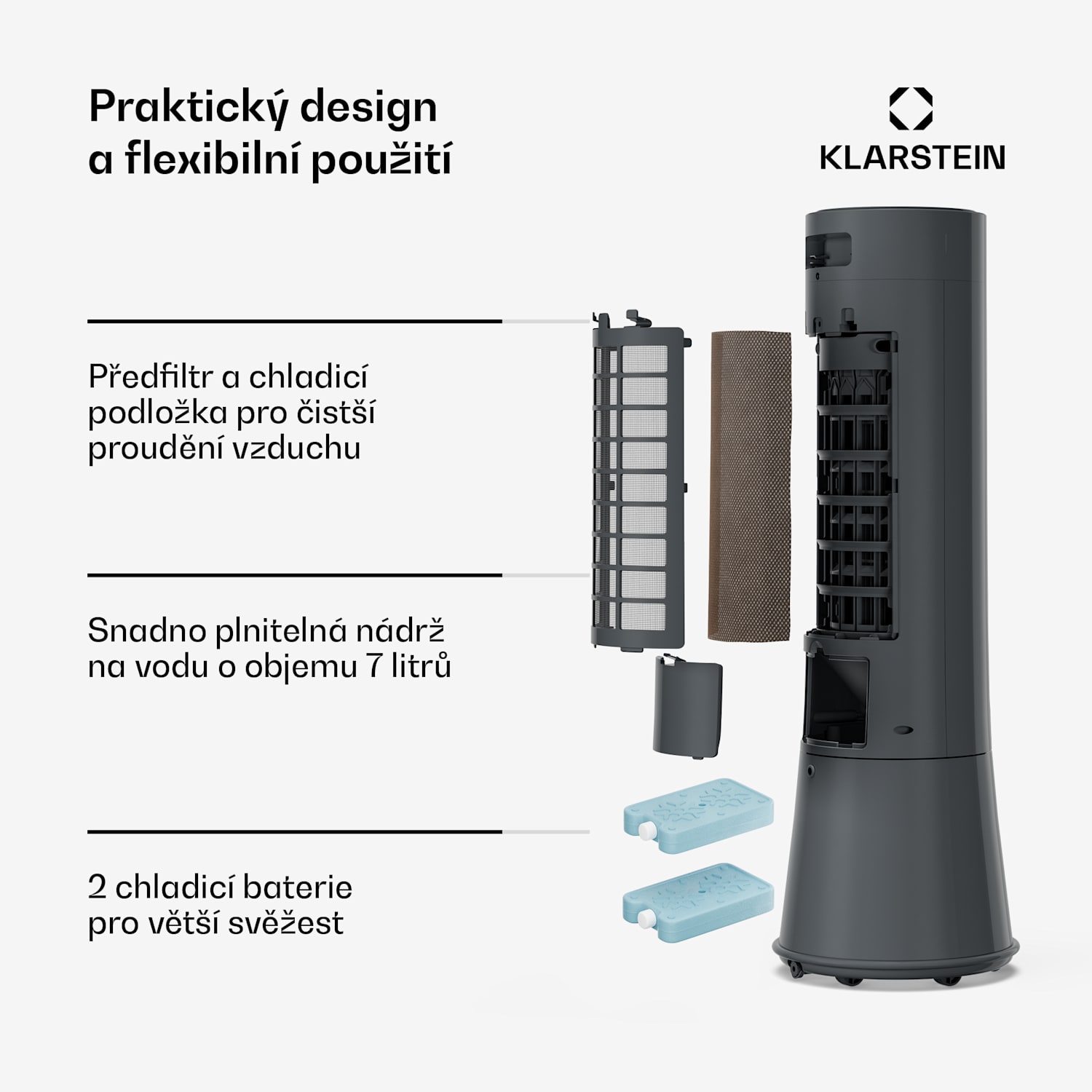 Chladič mrazivého vzduchu s vodním chlazením | 200 m³/h | 7 l | 20 m² | 2 chladicí jednotky | 4 režimy | 45 W 200 m³/h | Antracit