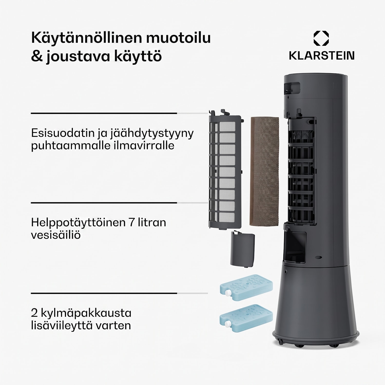 Frost-ilmanjäähdytin vesijäähdytyksellä | 200 m³/h | 7 l | 20 m² | 2 jäähdytyspakettia | 4 tilaa | 45 W 200 m³/h | Antrasiitti
