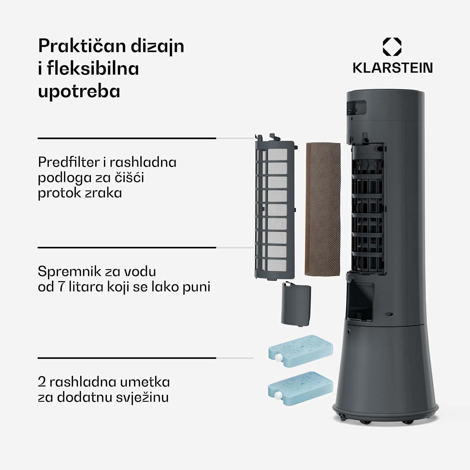 Frost rashlađivač zraka s vodenim hlađenjem | 200 m³/h | 7 L | 20 m² | 2 rashladna umetka | 4 načina rada | 45 W 200 m³/h | Antracit