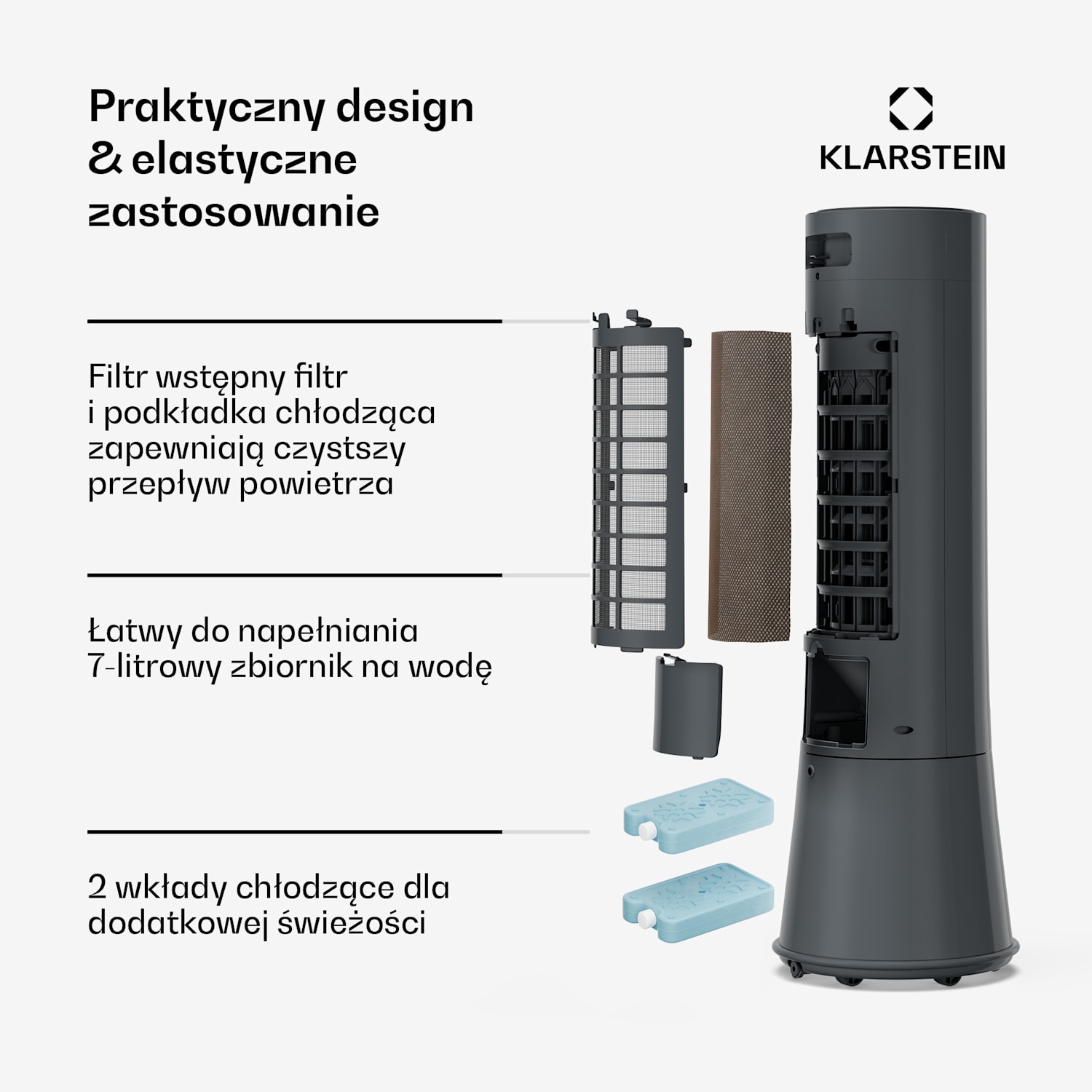 Frost klimator przenośny | 200 m³/h | 7 l | 20 m² | 2 wkłady chłodzące | 4 tryby | 45 W 200 m³/h | Antracyt