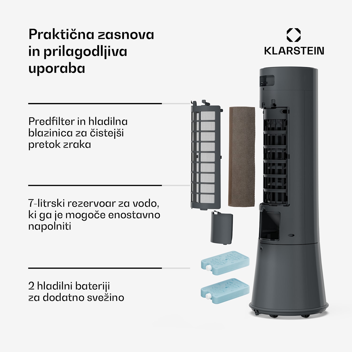 Frost hladilec zraka z vodnim hlajenjem | 200 m³/h | 7 l | 20 m² | 2 hladilna paketa | 4 načini | 45 W 200 m³/h | Antracit