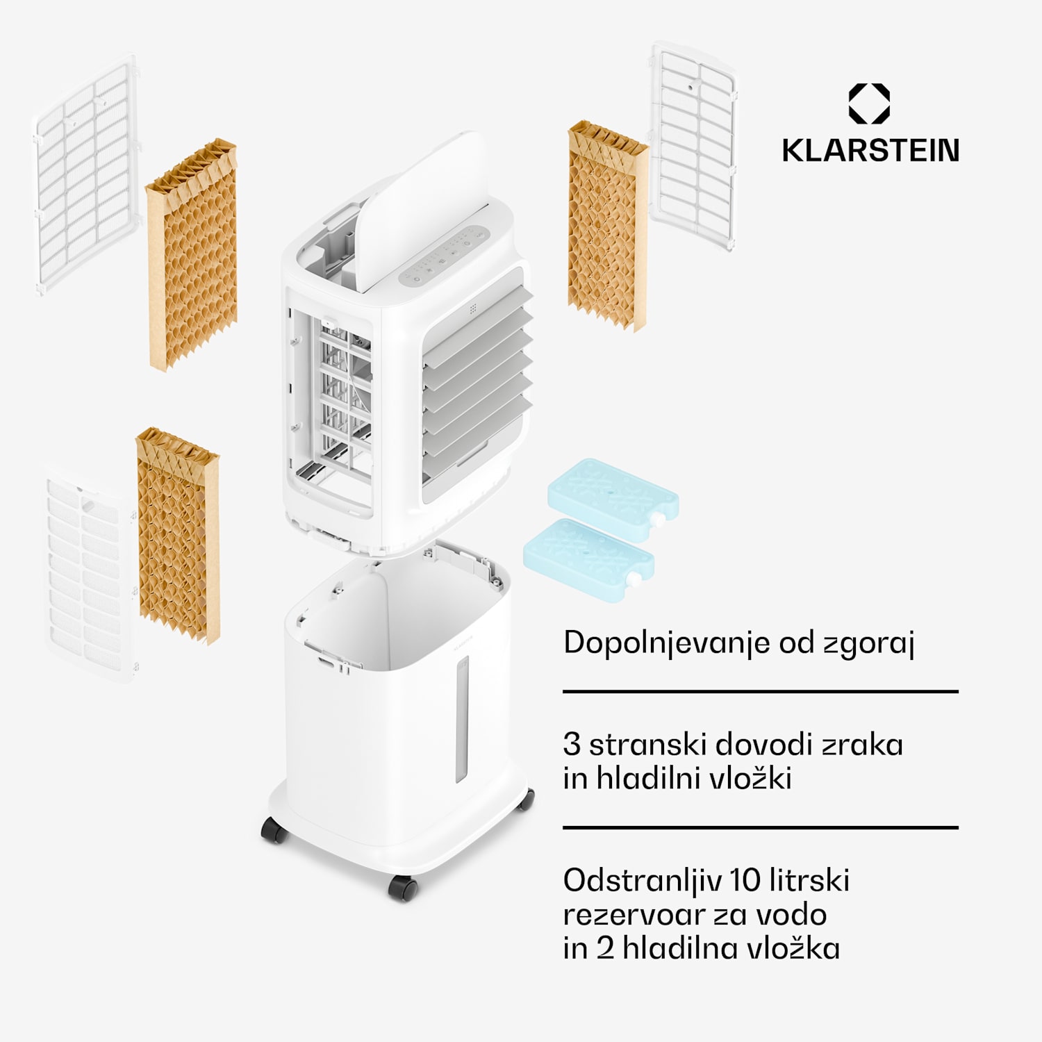 Breezcube pametni zračni hladilnik z vodnim hlajenjem | 340 m³/h | 10 l | 30 m² | 3 načini | 50 W Bela