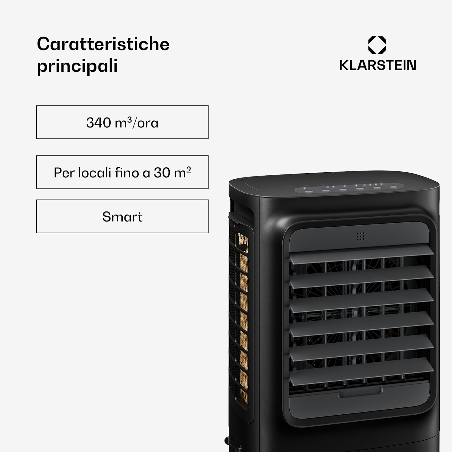 Breezcube - Raffrescatore evaporativo smart | 340 m³/ora | 10 l | 30 m² | 3 modalità | 50 W Nero