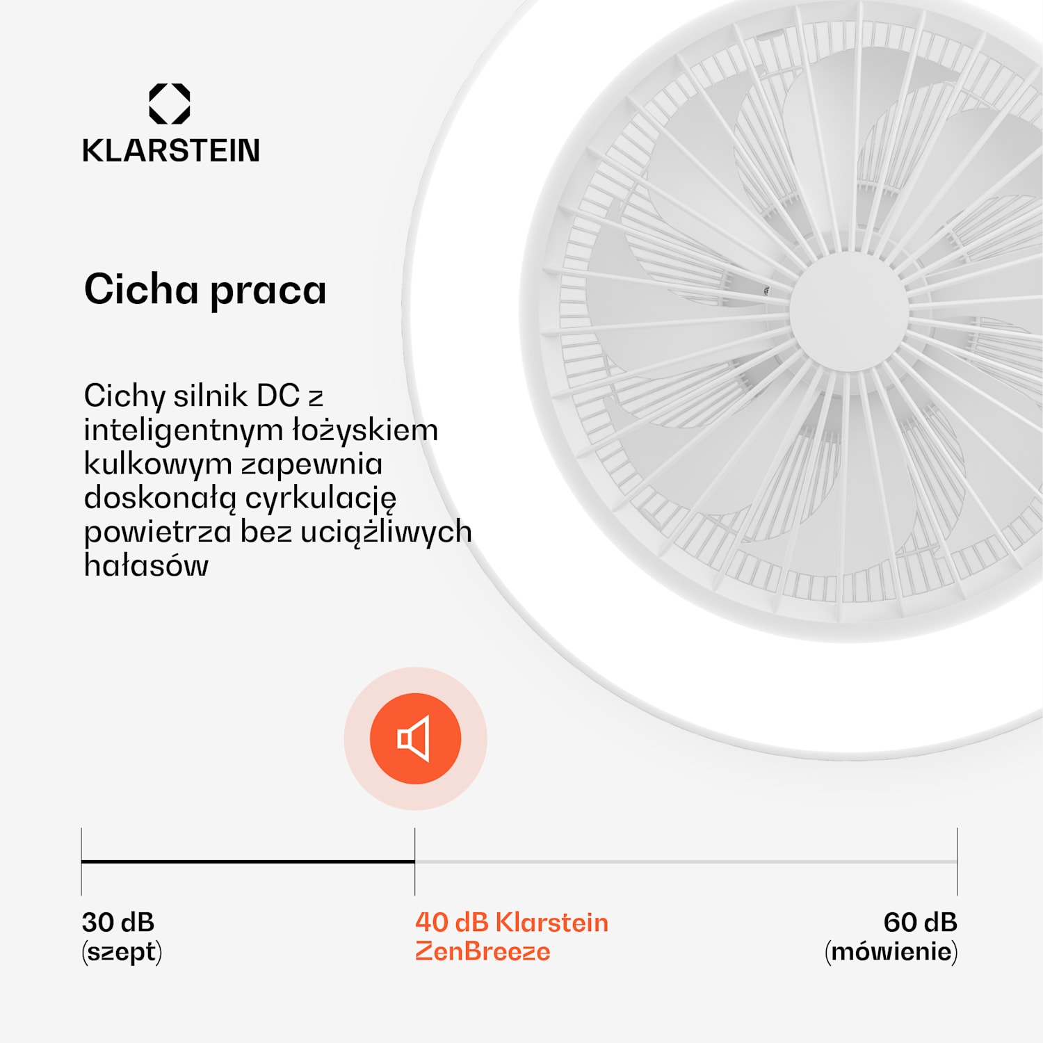 ZenBreeze inteligentny wentylator sufitowy z oświetleniem | 48 cm | 16 W | Cichy | LED | Akryl Biały