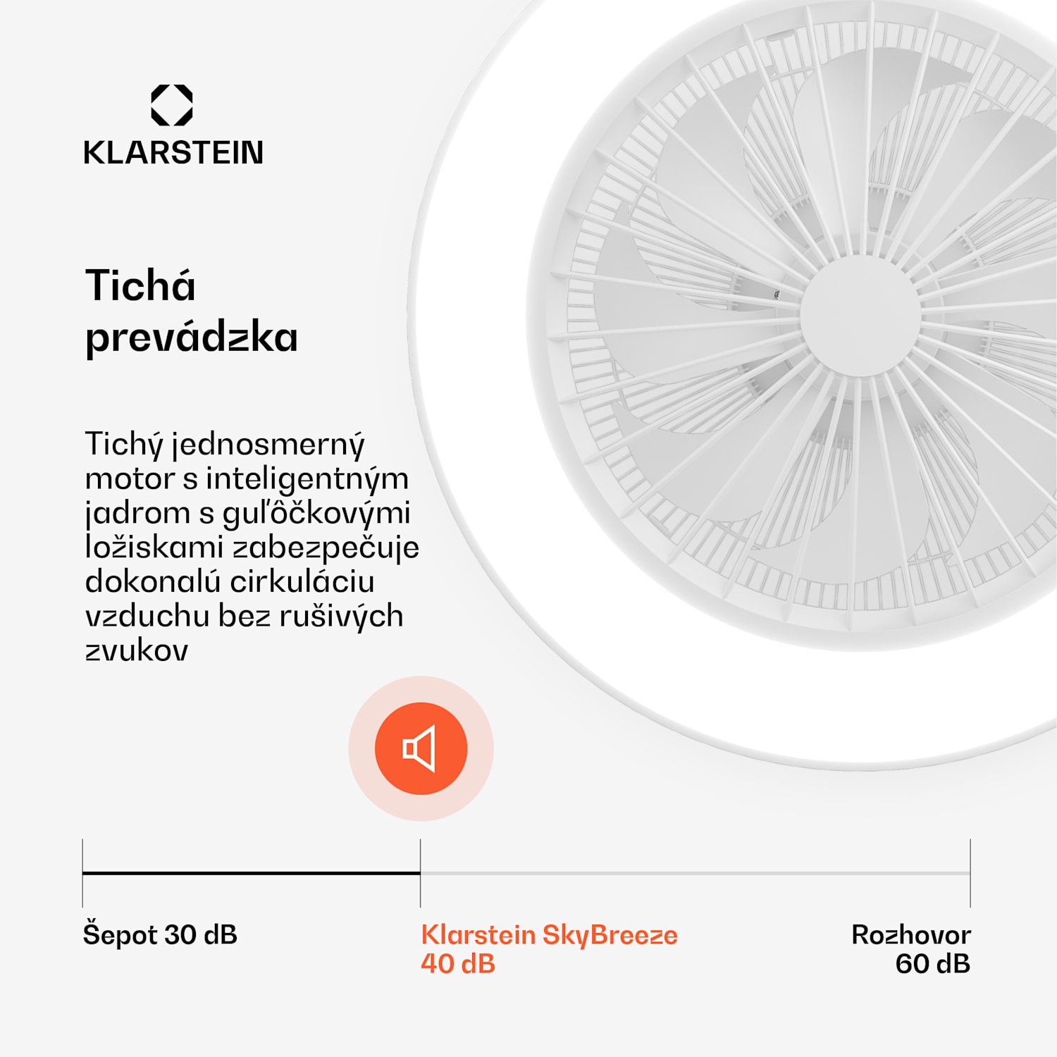 ZenBreeze inteligentný stropný ventilátor so svetlom | 48 cm | 16 W | Tichý | LED | Akryl Biela