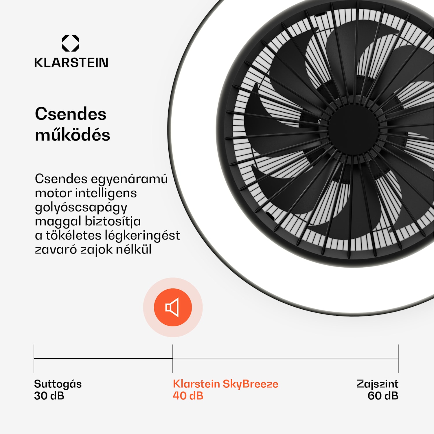 ZenBreeze intelligens mennyezeti ventilátor világítással | 48 cm | 16 W | Csendes | LED | Akril Fekete