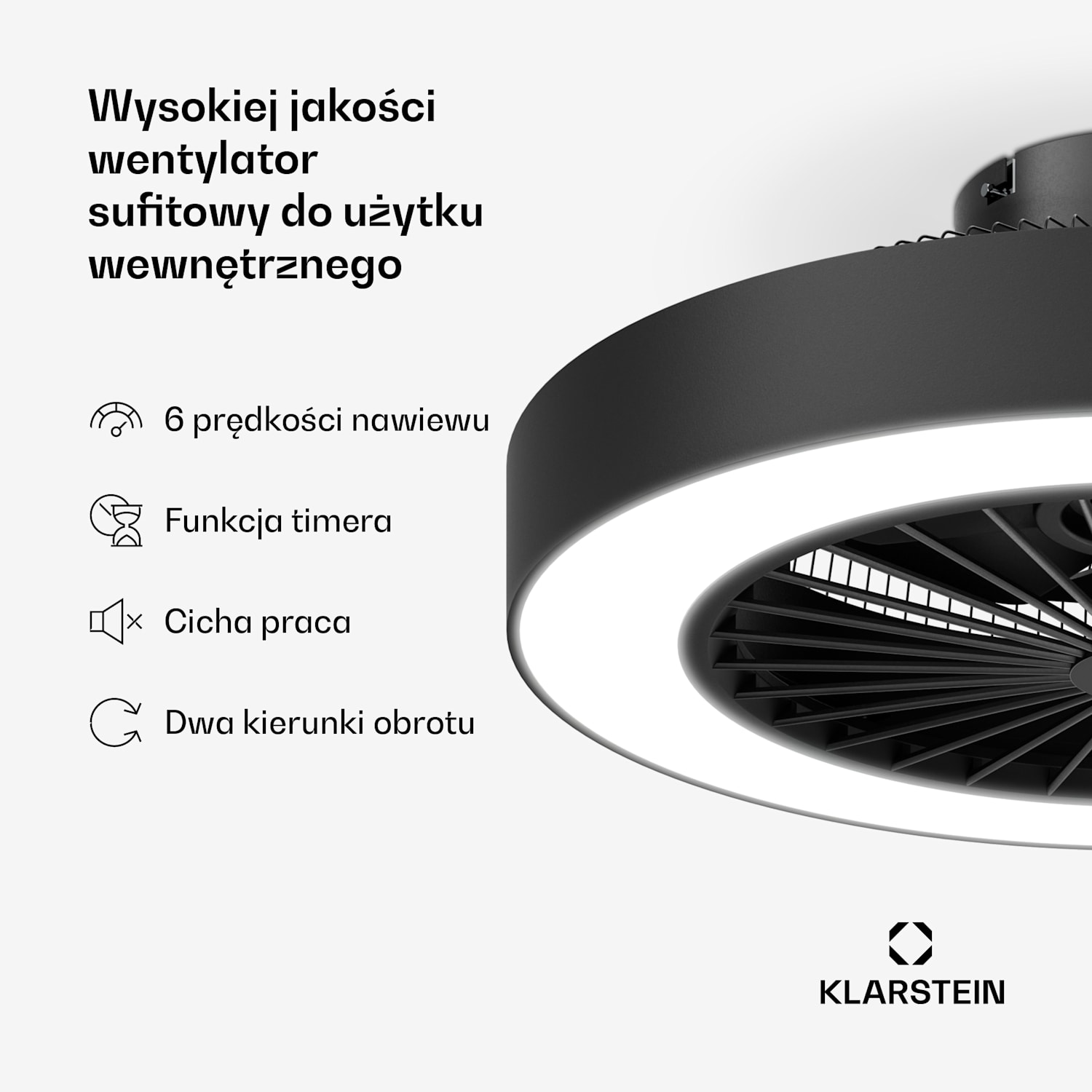ZenBreeze inteligentny wentylator sufitowy z oświetleniem | 48 cm | 16 W | Cichy | LED | Akryl Czarny