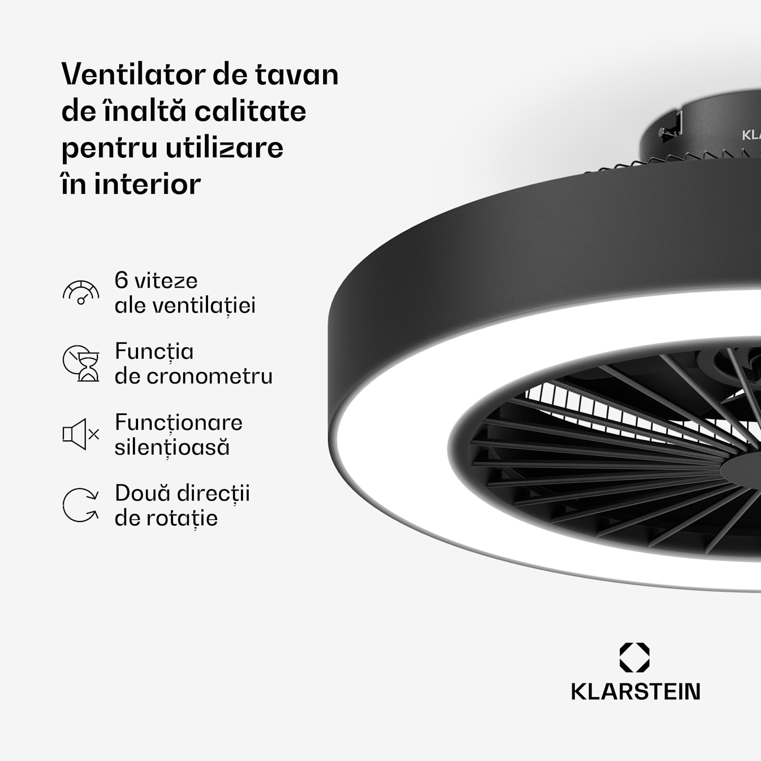 Ventilator de tavan inteligent ZenBreeze cu lumină | 48 cm | 16 W | Silențios | LED | Acril Negru