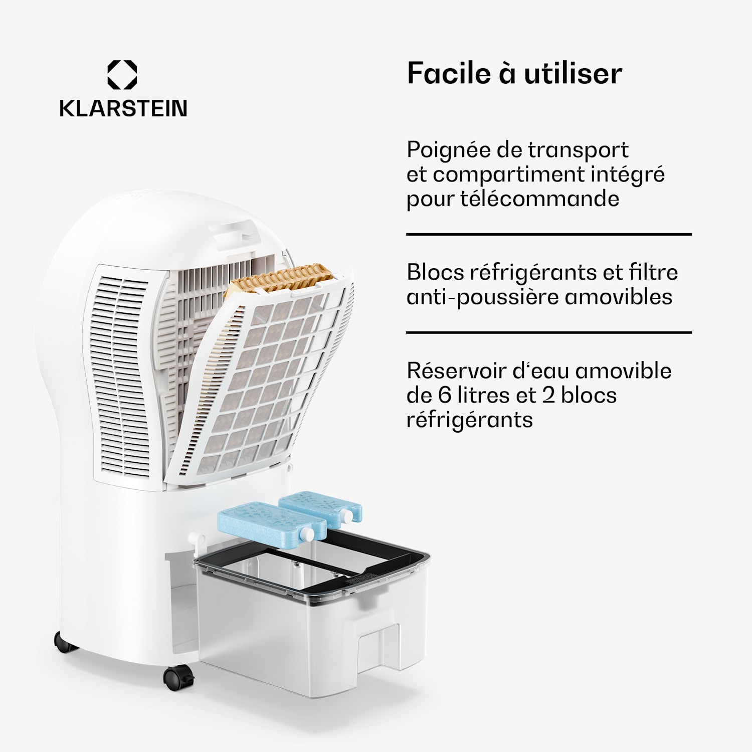 Rafraîchisseur d'air Whirlwind | 320 m³/h | 6 l | 30 m² | 2 packs de refroidissement | 3 modes | 60 W 320 m³/h | Blanc