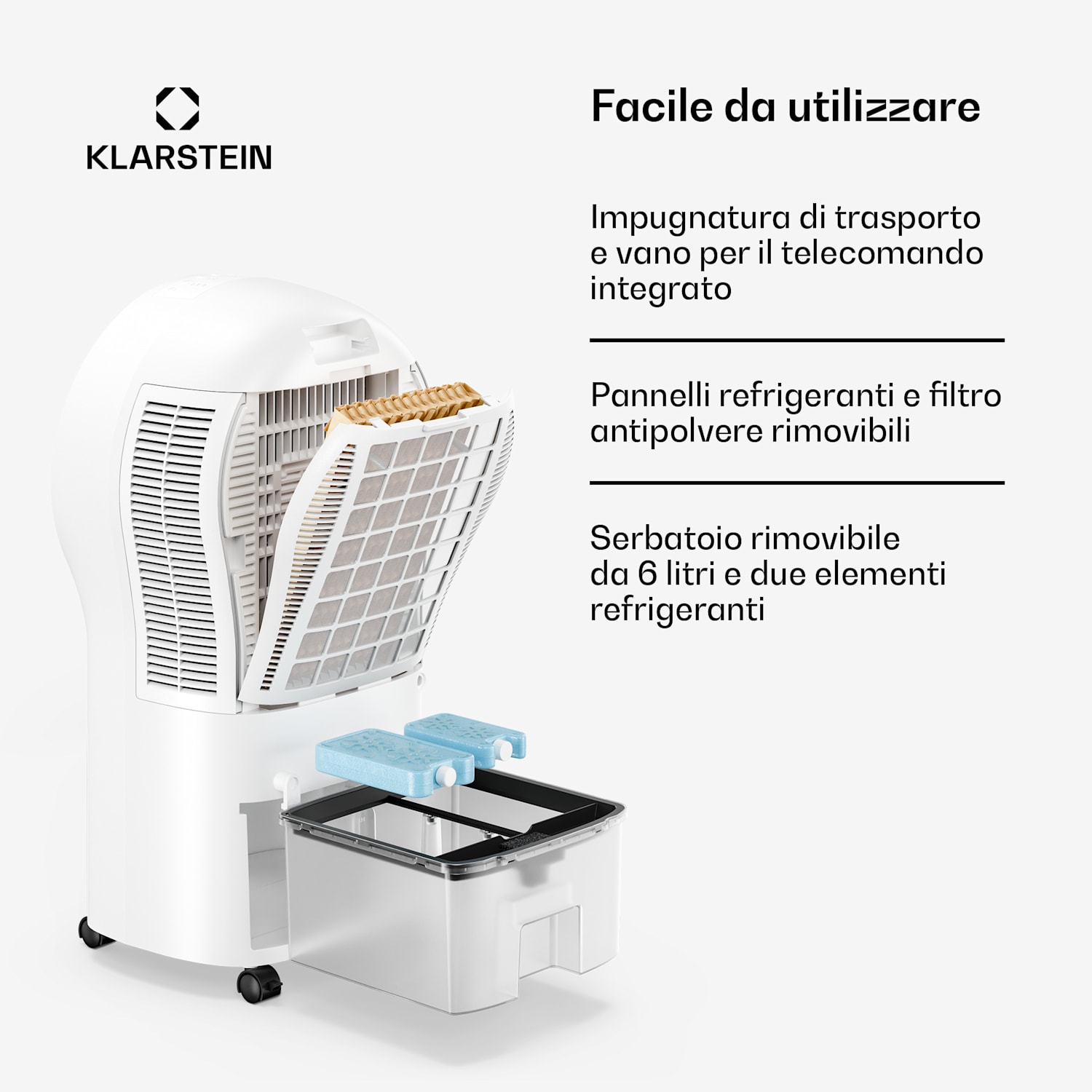 Whirlwind - Raffrescatore evaporativo | 320 m³/ora | 6 l | 30 m² | 2 elementi refrigeranti | 3 modalità | 60 W 320 m³/h | Bianco