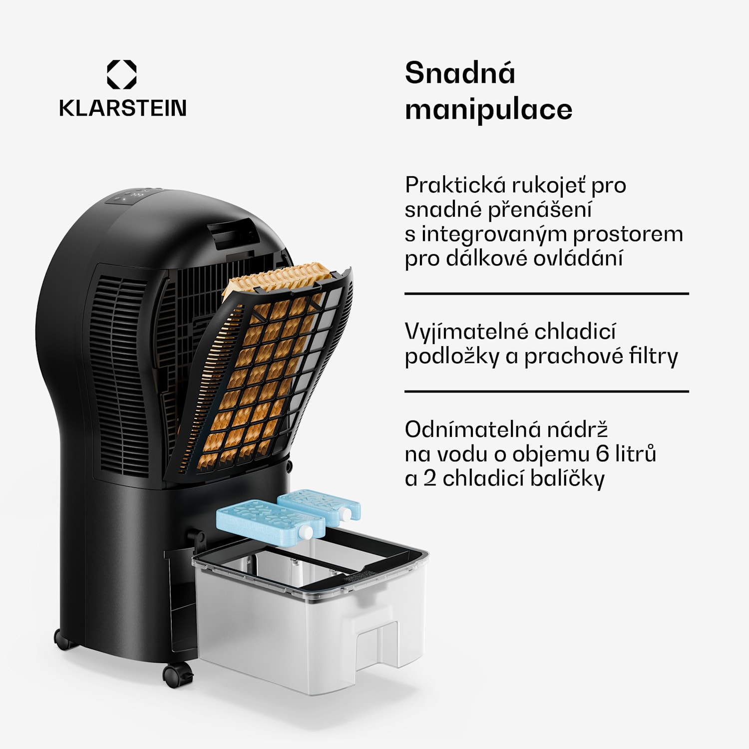 Whirlwind vzduchový chladič | 320 m³/h | 6 l | 30 m² | 2 chladicí packy | 3 režimy | 60 W 320 m³/h | Černá