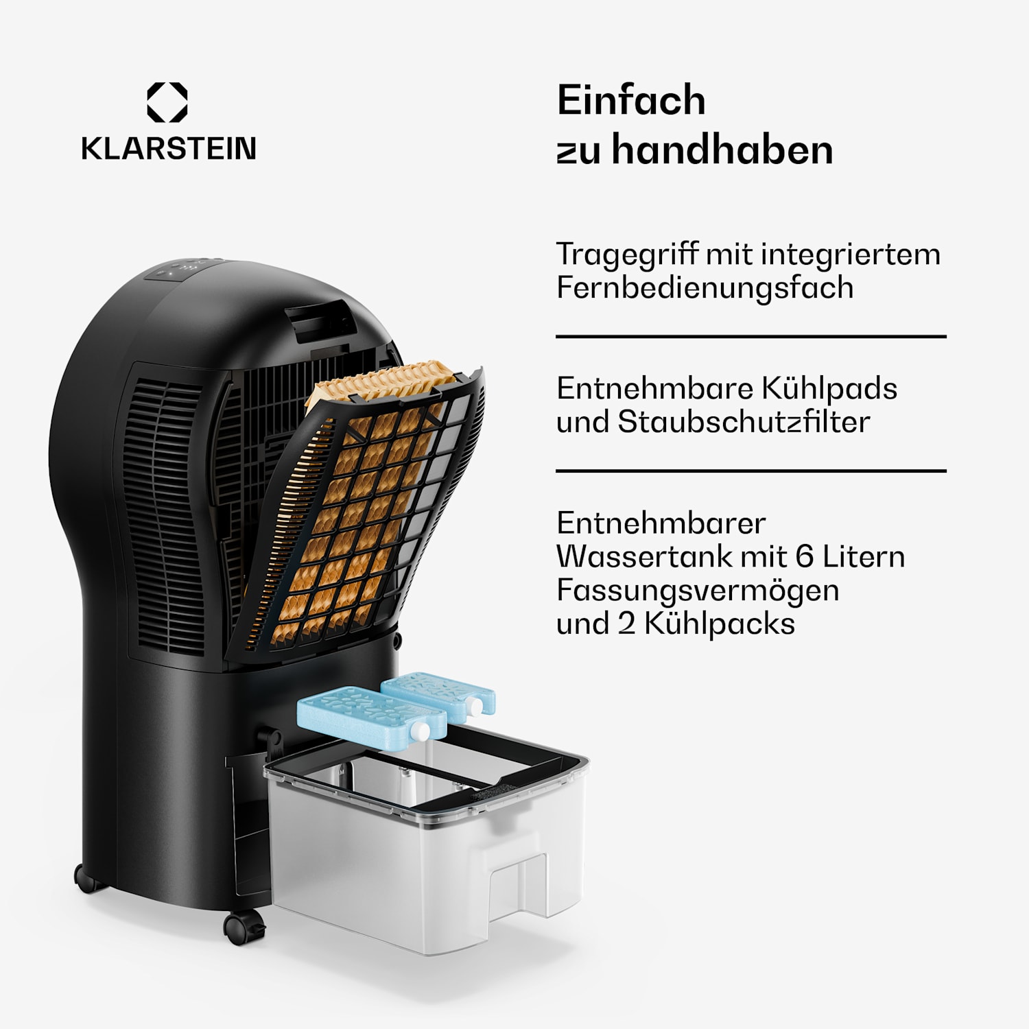 Whirlwind Luftkühler | 320 m³/h | 6 l | 30 m² | 2 Kühlpacks | 3 Modi | 60 W 320 m³/h | Schwarz