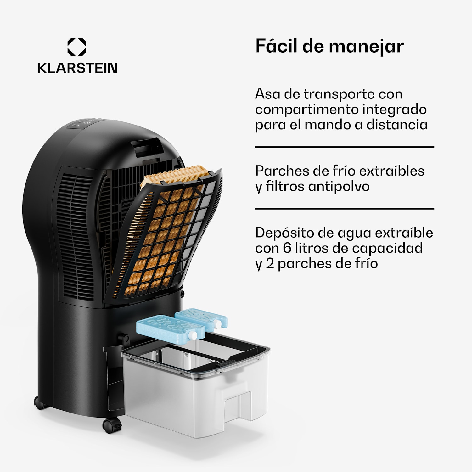 Enfriador de aire Whirlwind | 320 m³/h | 6 L | 30 m² | 2 parches de frío| 3 modos | 60 W 320 m³/h | Negro