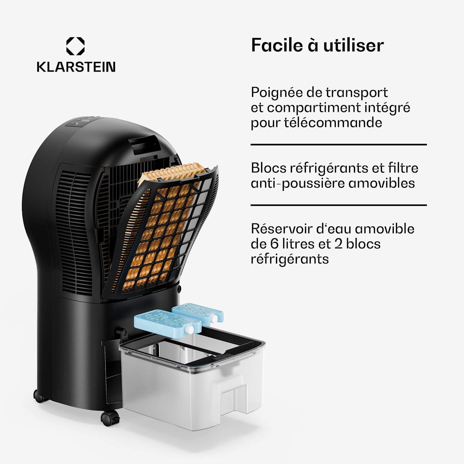 Rafraîchisseur d'air Whirlwind | 320 m³/h | 6 l | 30 m² | 2 packs de refroidissement | 3 modes | 60 W 320 m³/h | Noir