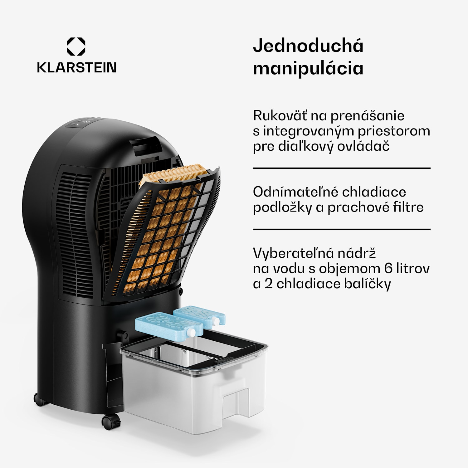 Whirlwind ochladzovač vzduchu | 320 m³/h | 6 l | 30 m² | 2 chladiace balíky | 3 režimy | 60 W 320 m³/h | Čierna