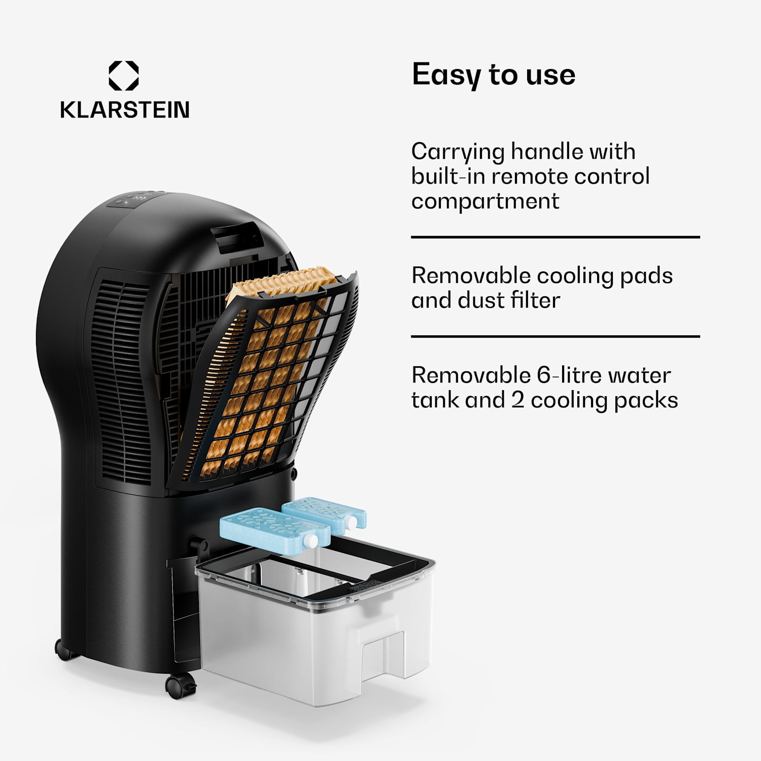 Arrefecedor de ar Whirlwind | 320 m³/h | 6 l | 30 m² | 2 bolsas de arrefecimento | 3 modos | 60 W 320 m³/h | Preto