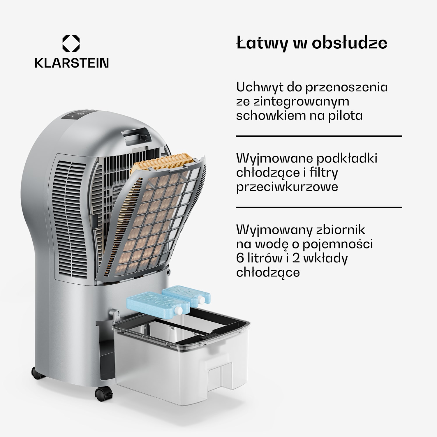 Whirlwind klimator przenośny | 320 m³/h | 6 l | 30 m² | 2 wkłady chłodzące | 3 tryby | 60 W 320 m³/h | Srebrny