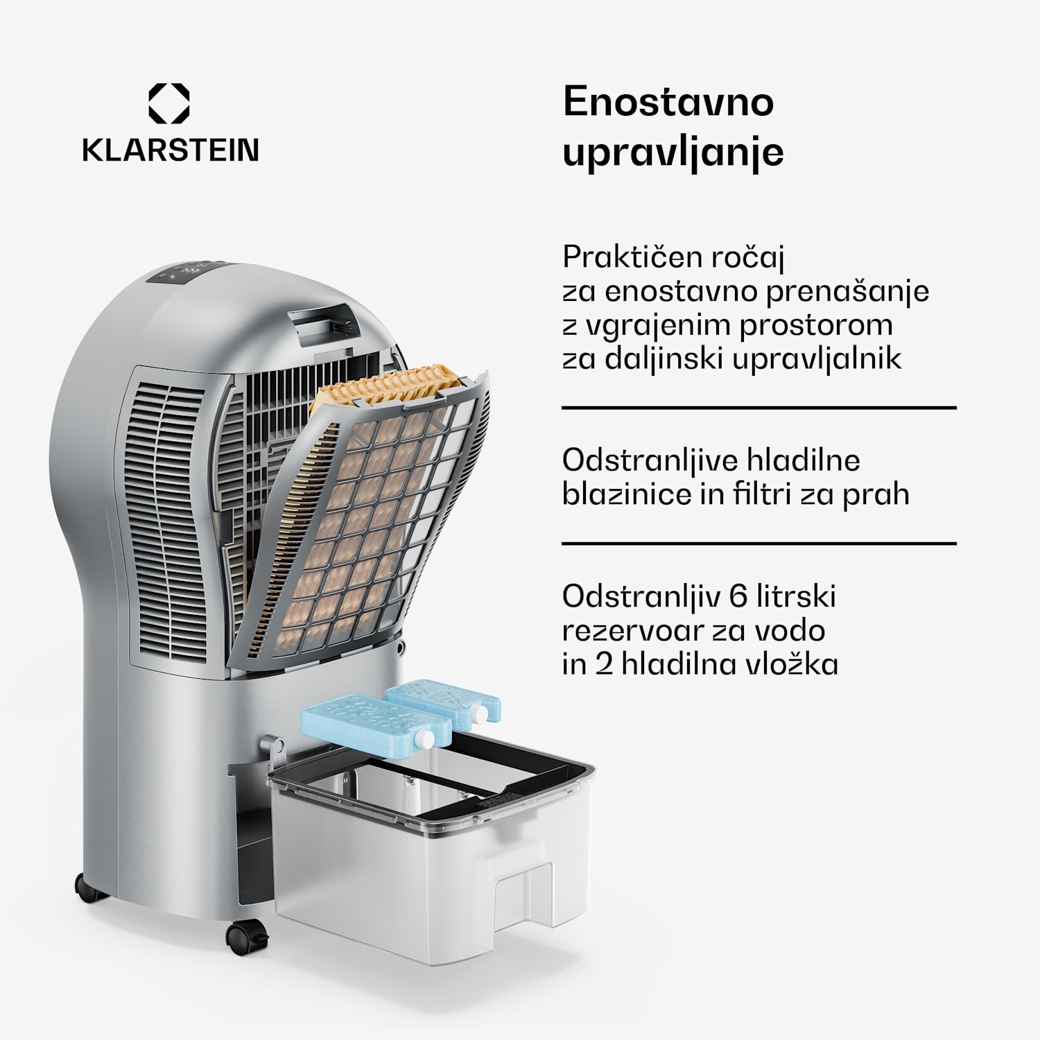 Whirlwind hladilec zraka | 320 m³/h | 6 l | 30 m² | 2 hladilna paketa | 3 načini | 60 W 320 m³/h | Srebrna