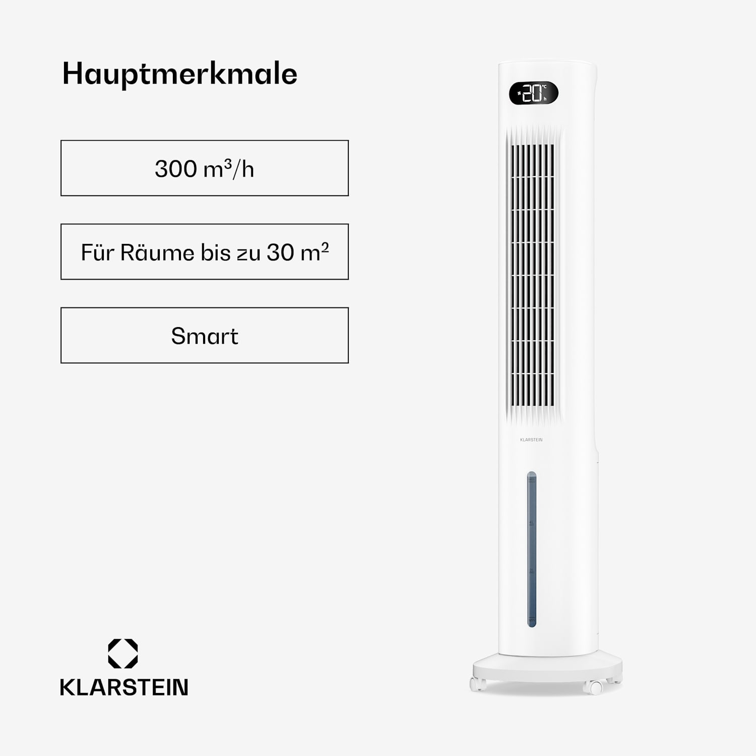 Klarstein Polar Rafraîchisseur d'air à eau connecté | Design pratique, puissance élevée et commande intelligente 300 m³/h | Blanc