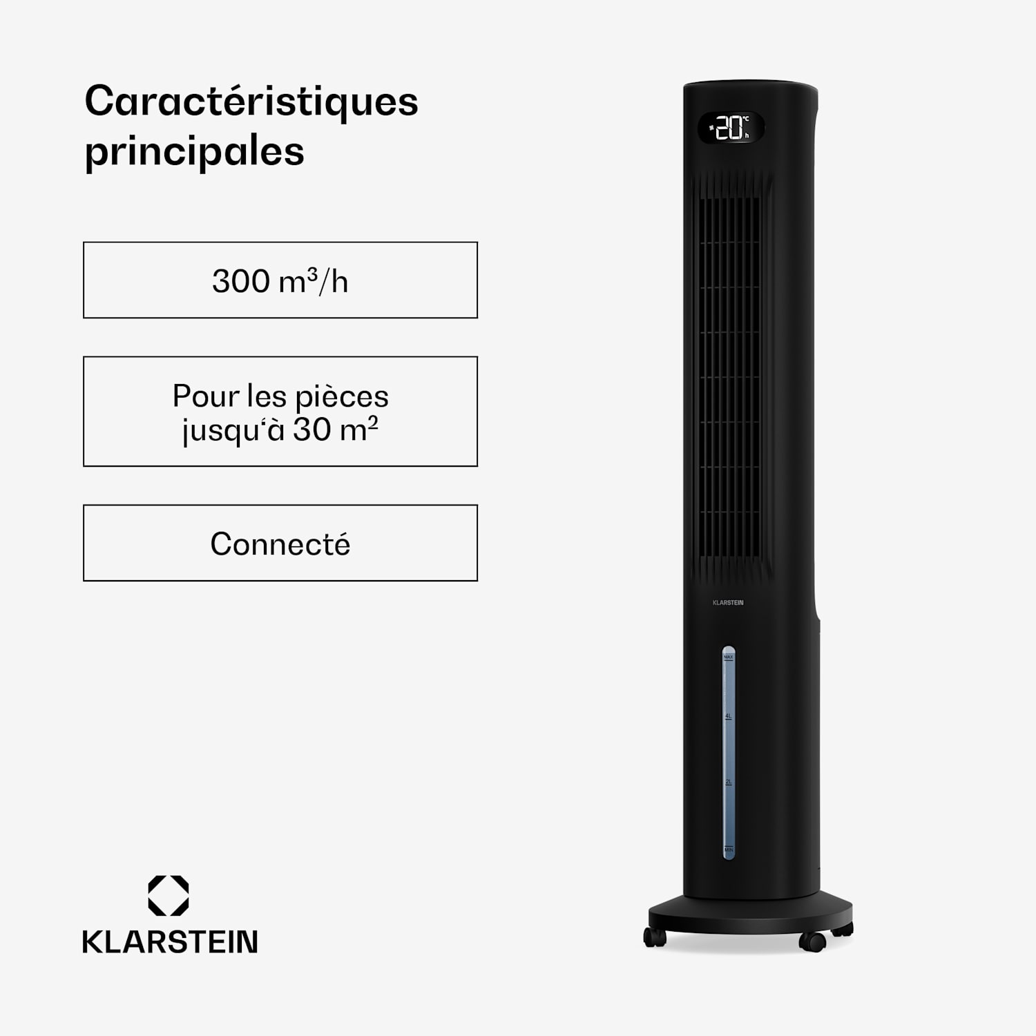 Polar Rafraîchiseur d'air à eau connecté | 300 m³/h | 5 l | 30 m² | 3 modes | 75 W 300 m³/h | Noir