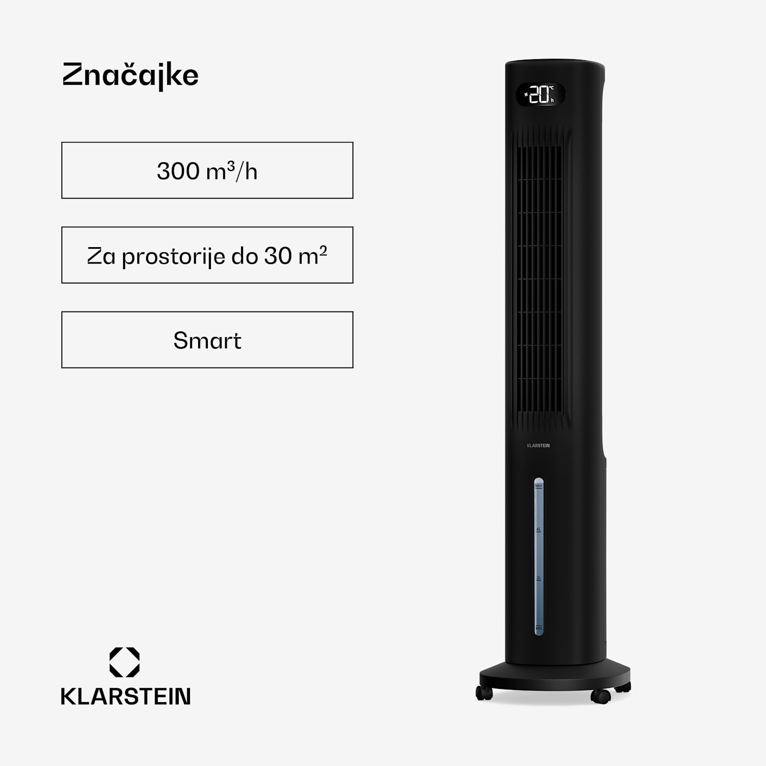 Polar inteligentni rashlađivač zraka s vodenim hlađenjem | 300 m³/h | 5 L | 30 m² | 3 načina rada | 75 W 300 m³/h | Crna