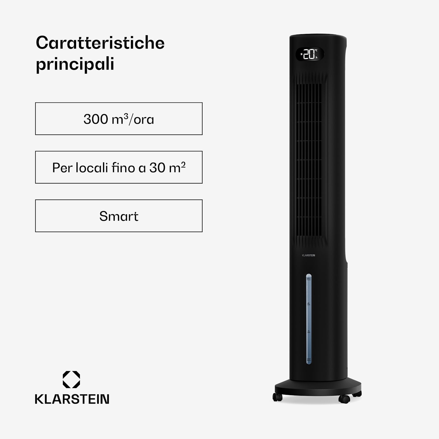 Polar - Raffrescatore evaporativo smart | 300 m³/ora | 5 l | 30 m² | 3 modalità | 75 W 300 m³/h | Nero