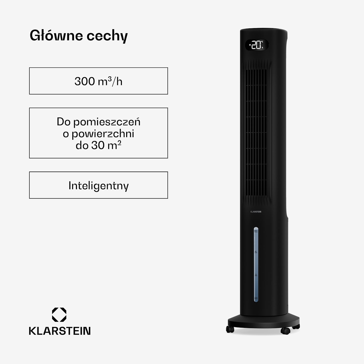 Polar Smart klimator przenośny | 300 m³/h | 5 l | 30 m² | 3 tryby | 75 W 300 m³/h | Czarny
