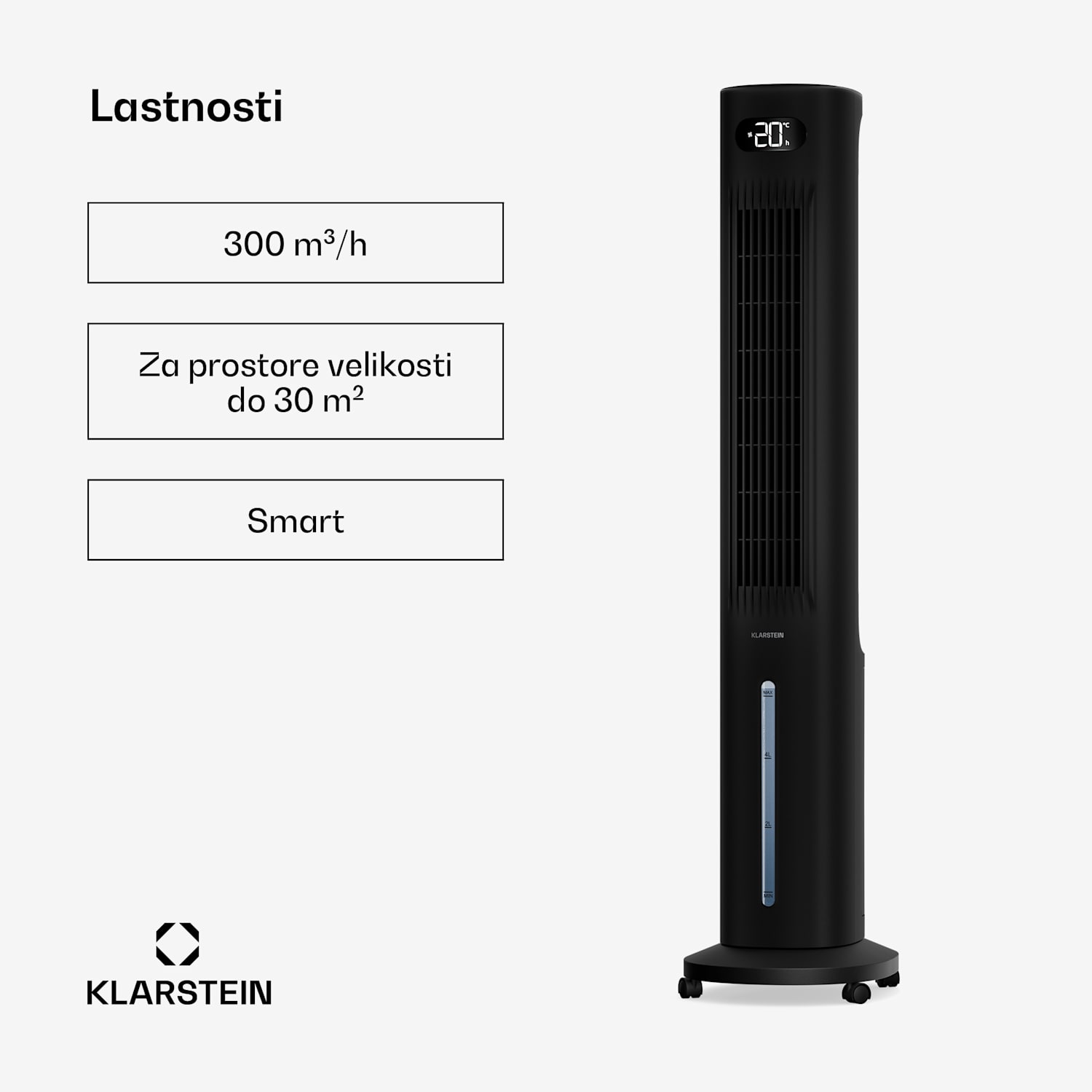 Polar pametni hladilec zraka z vodnim hlajenjem | 300 m³/h | 5 l | 30 m² | 3 načini | 75 W 300 m³/h | Črna