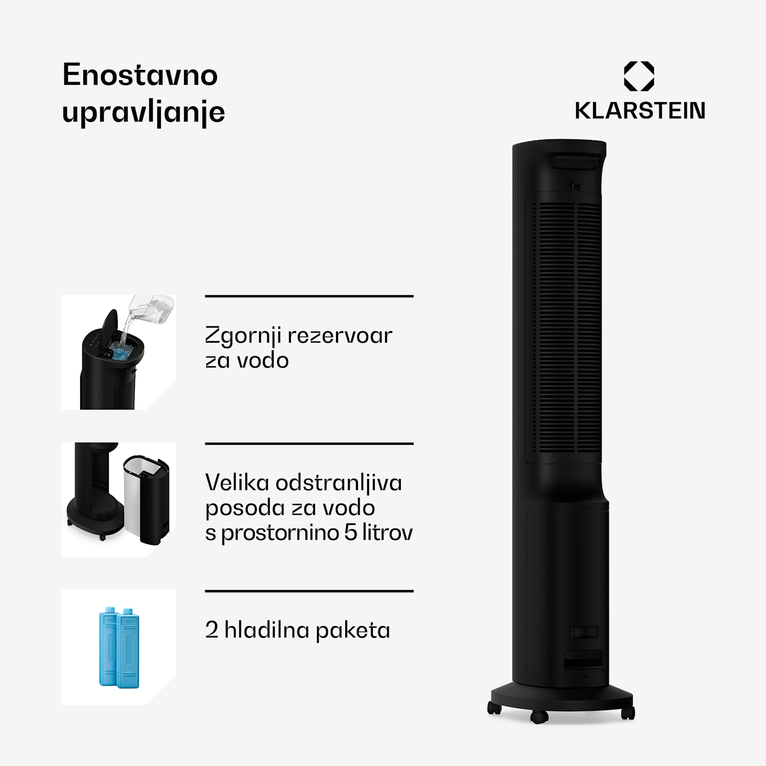 Polar pametni hladilec zraka z vodnim hlajenjem | 300 m³/h | 5 l | 30 m² | 3 načini | 75 W 300 m³/h | Črna