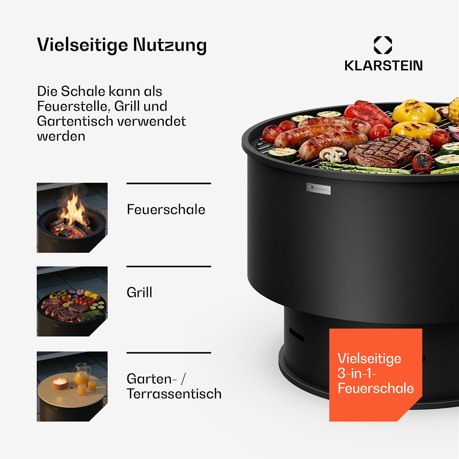 Pompeji Feuerschale mit Grill | Funkenschutz | Kippsicher | Robust | 60 cm Schwarz
