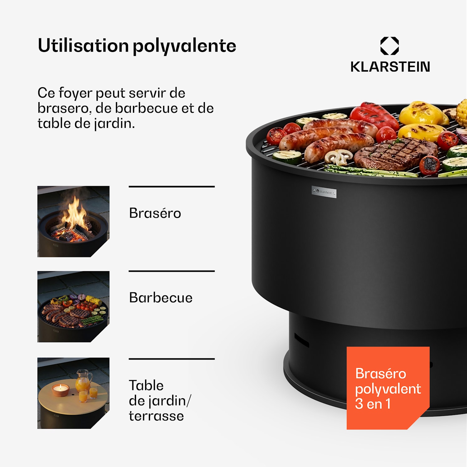 Pompeji Brasero avec gril | pare-étincelles | anti-basculement | robuste | 60 cm Crna