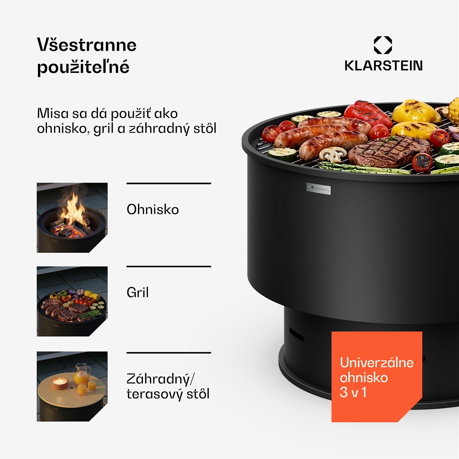 Pompeji ohnisko s grilom | Ochrana proti iskrám | Odolné voči prevráteniu | Robustné | 60 cm Čierna