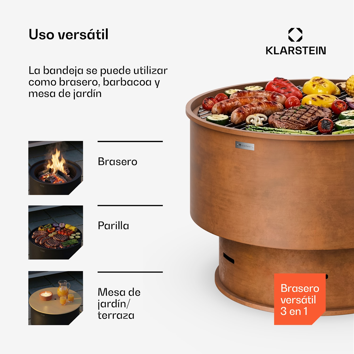 Pompeji brasero con parrilla | Protector contra chispas | Antivuelco | Robusto | 60 cm Óxido