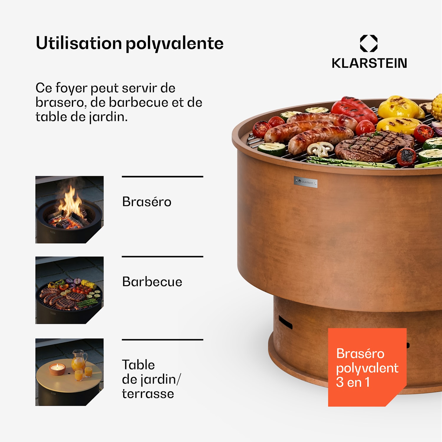Pompeji Brasero avec gril | pare-étincelles | anti-basculement | robuste | 60 cm Hrđa