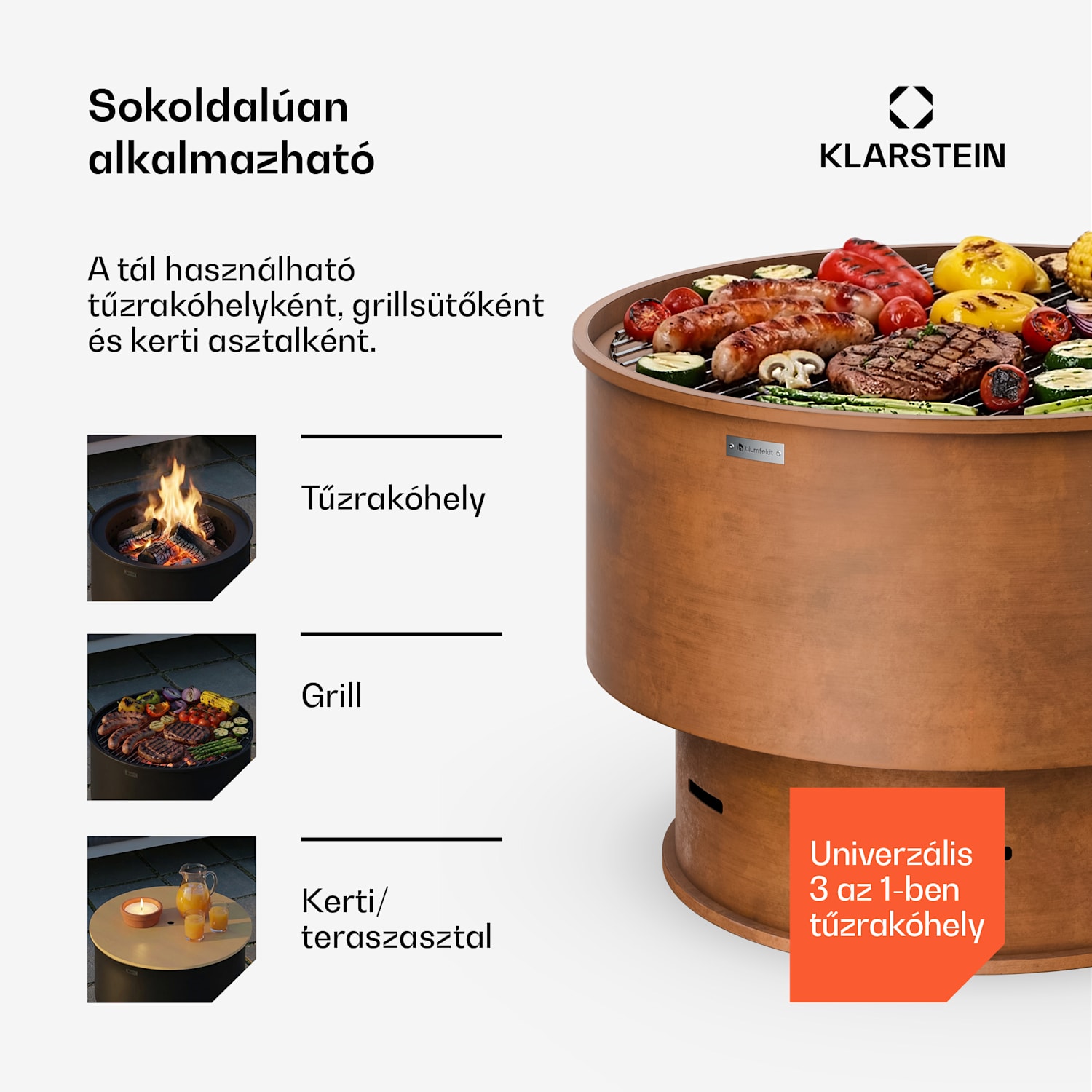 Pompeji tűzrakó tál grillezővel | szikravédő | billenésbiztos | masszív | 60 cm Rozsda