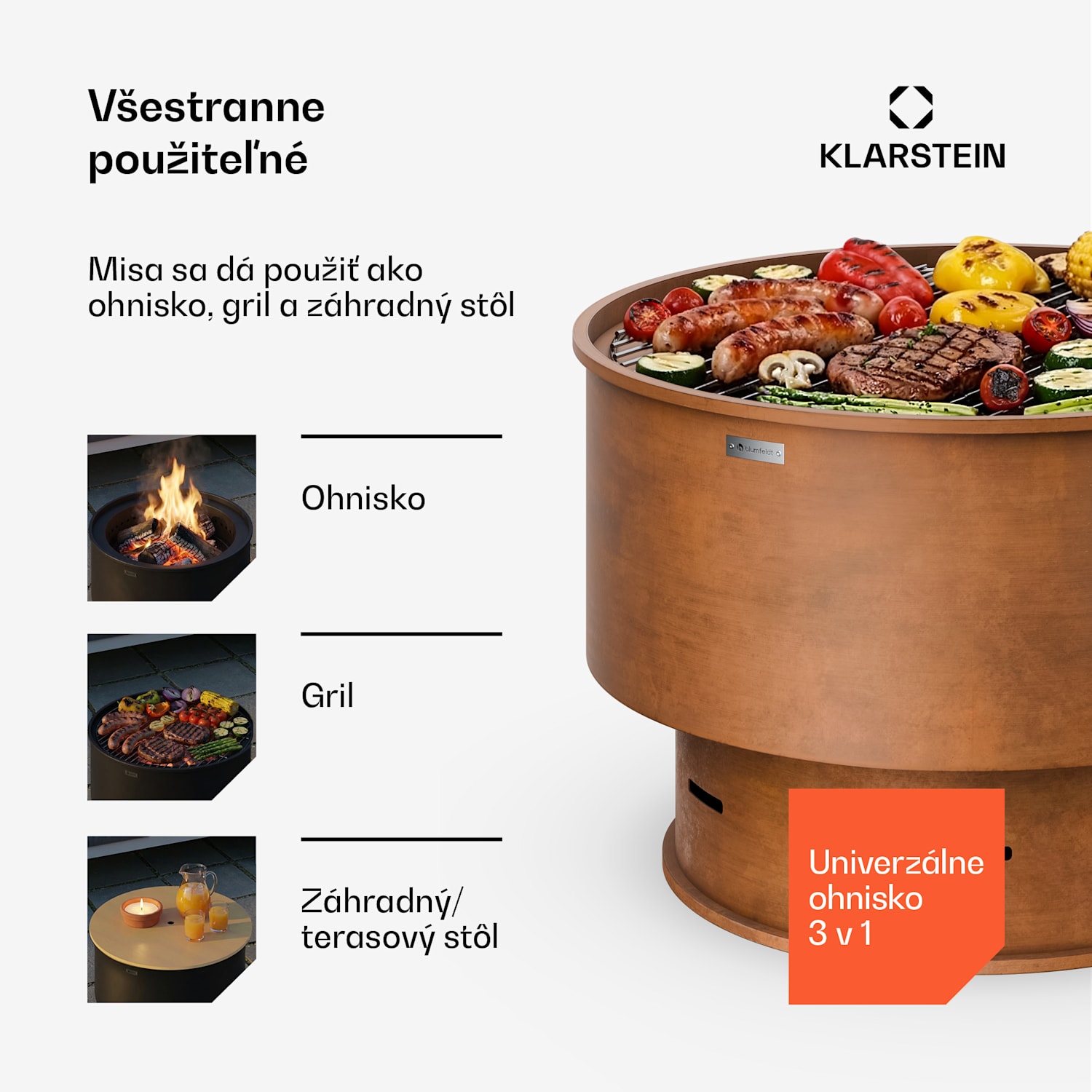 Pompeji ohnisko s grilom | Ochrana proti iskrám | Odolné voči prevráteniu | Robustné | 60 cm Hrdza