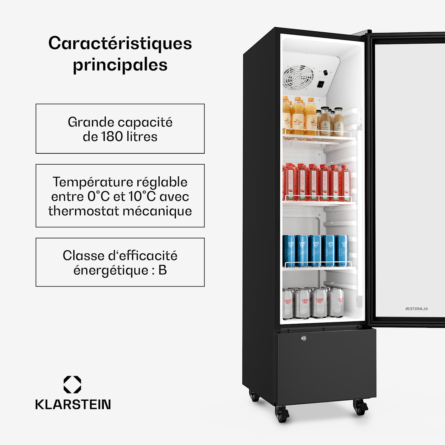 GrandCooler Gastro Réfrigérateur à boissons | 163,5 x 43 cm | Eclairage intérieur LED | Noir 180 L | Noir