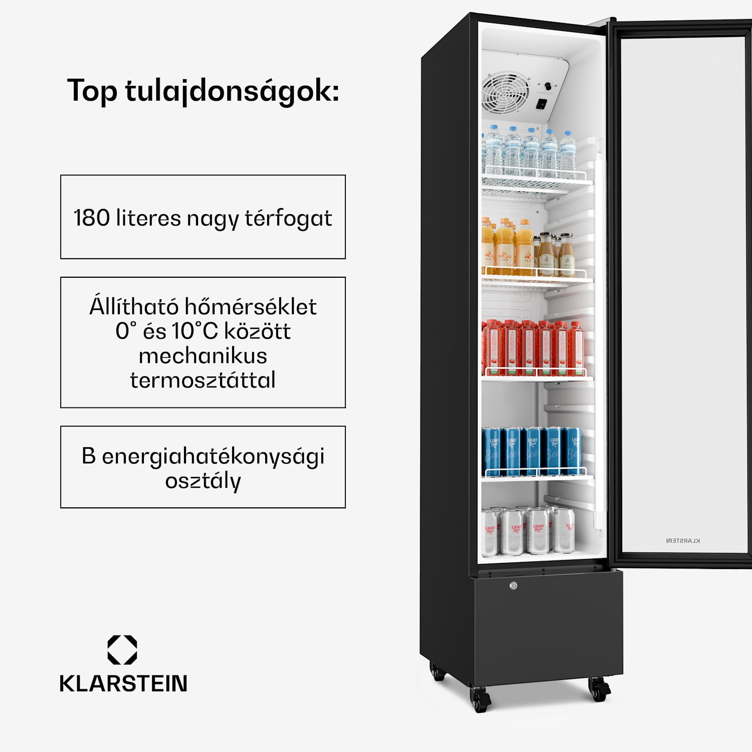 GrandCooler gasztro italhűtő | 191,5 x 43 cm | LED belső világítás | Fekete 220 Ltr | Fekete