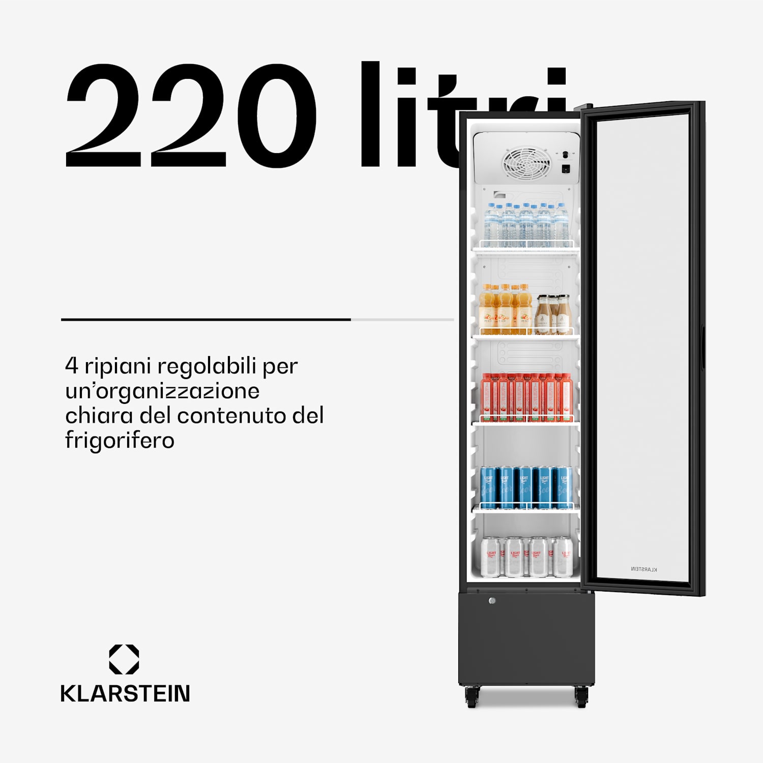 GrandCooler - Frigorifero per bevande a uso commerciale | 191,5 x 43 cm | Illuminazione interna a LED | Nero 220 Ltr | Nero