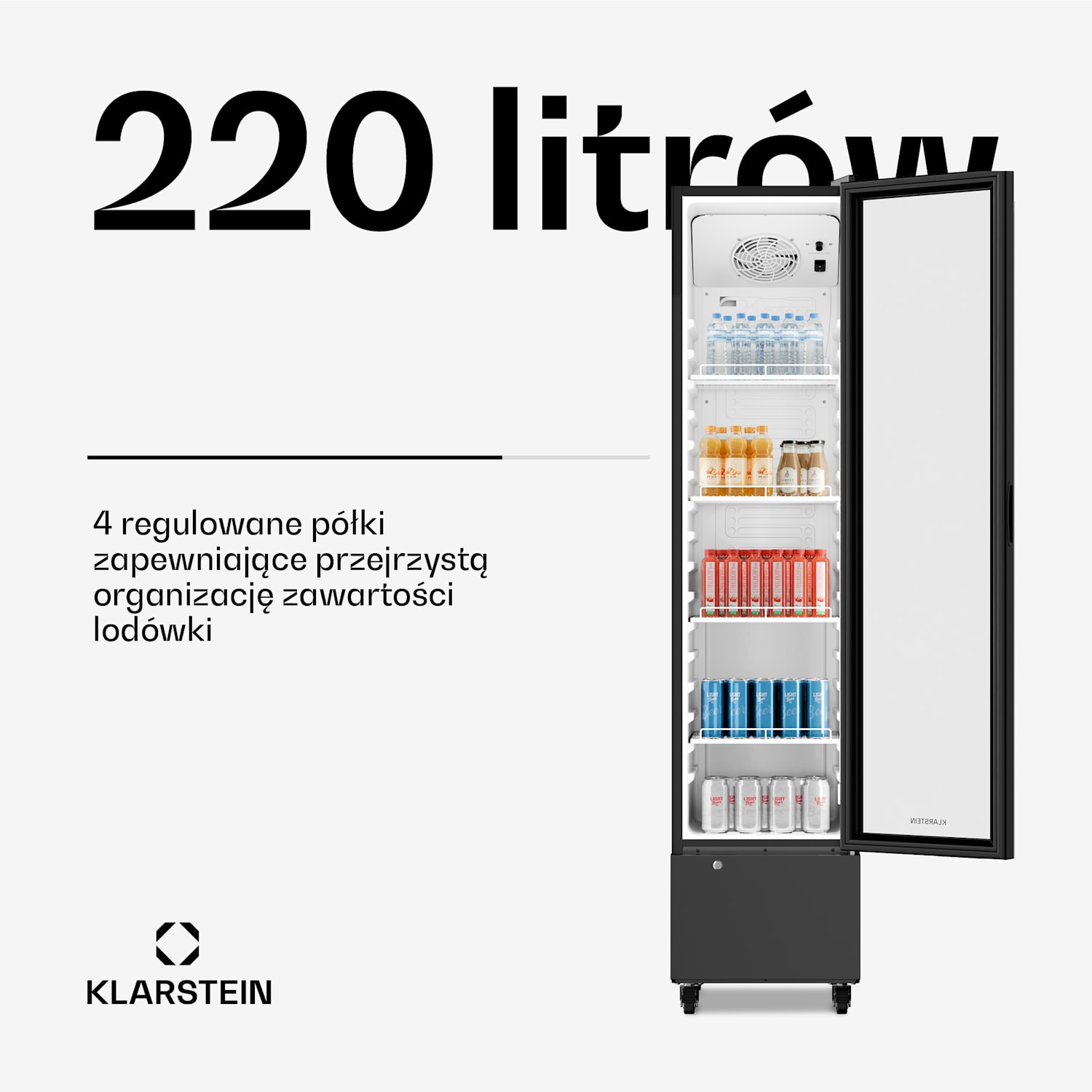 GrandCooler lodówka na napoje | 191,5 x 43 cm | wewnętrzne oświetlenie LED | czarna 220 L | Czarny