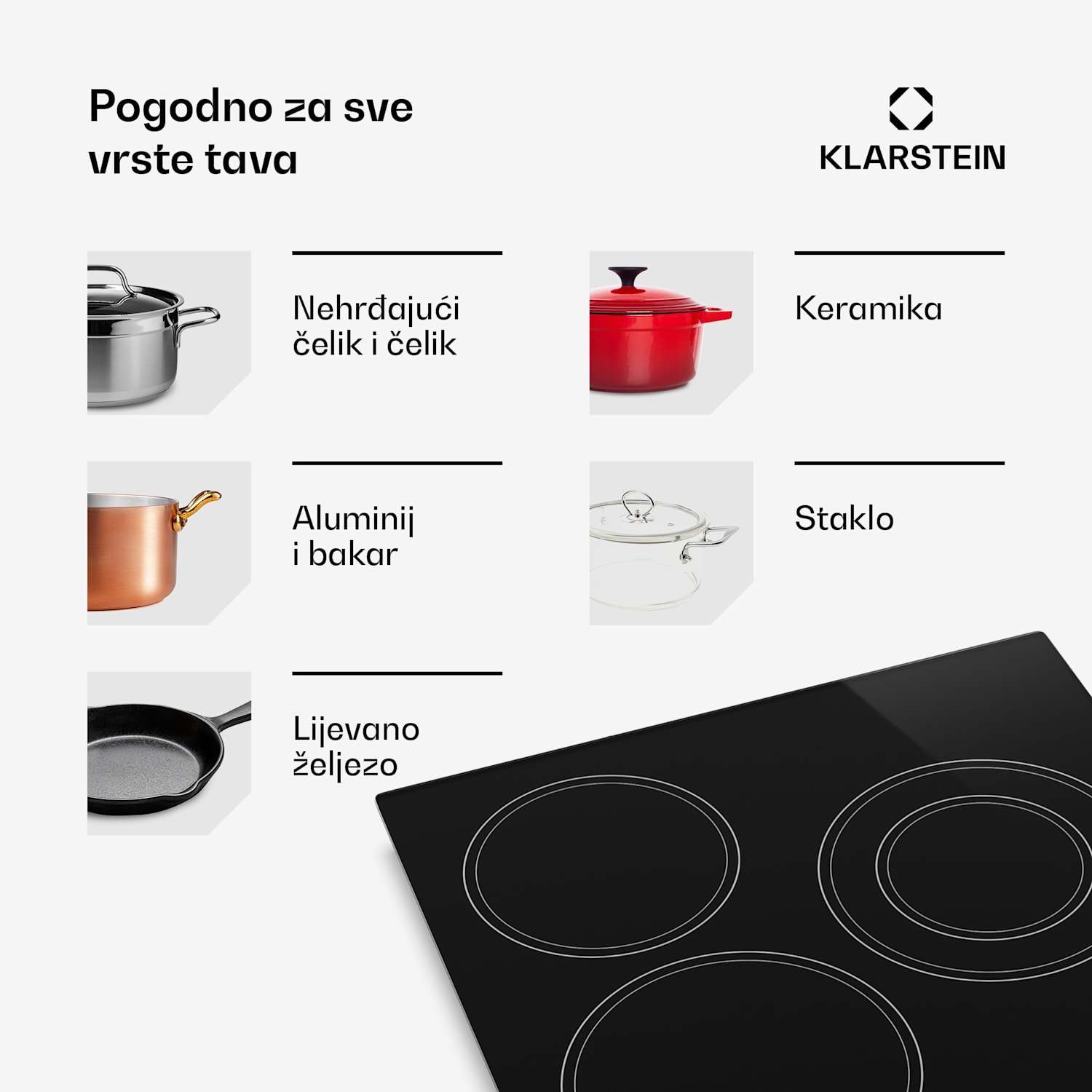 Staklokeramička ploča za kuhanje EasyCook | 3 zone za kuhanje | 4700 W | 11 razina snage | 45 cm 45 cm | Dvostruka zona