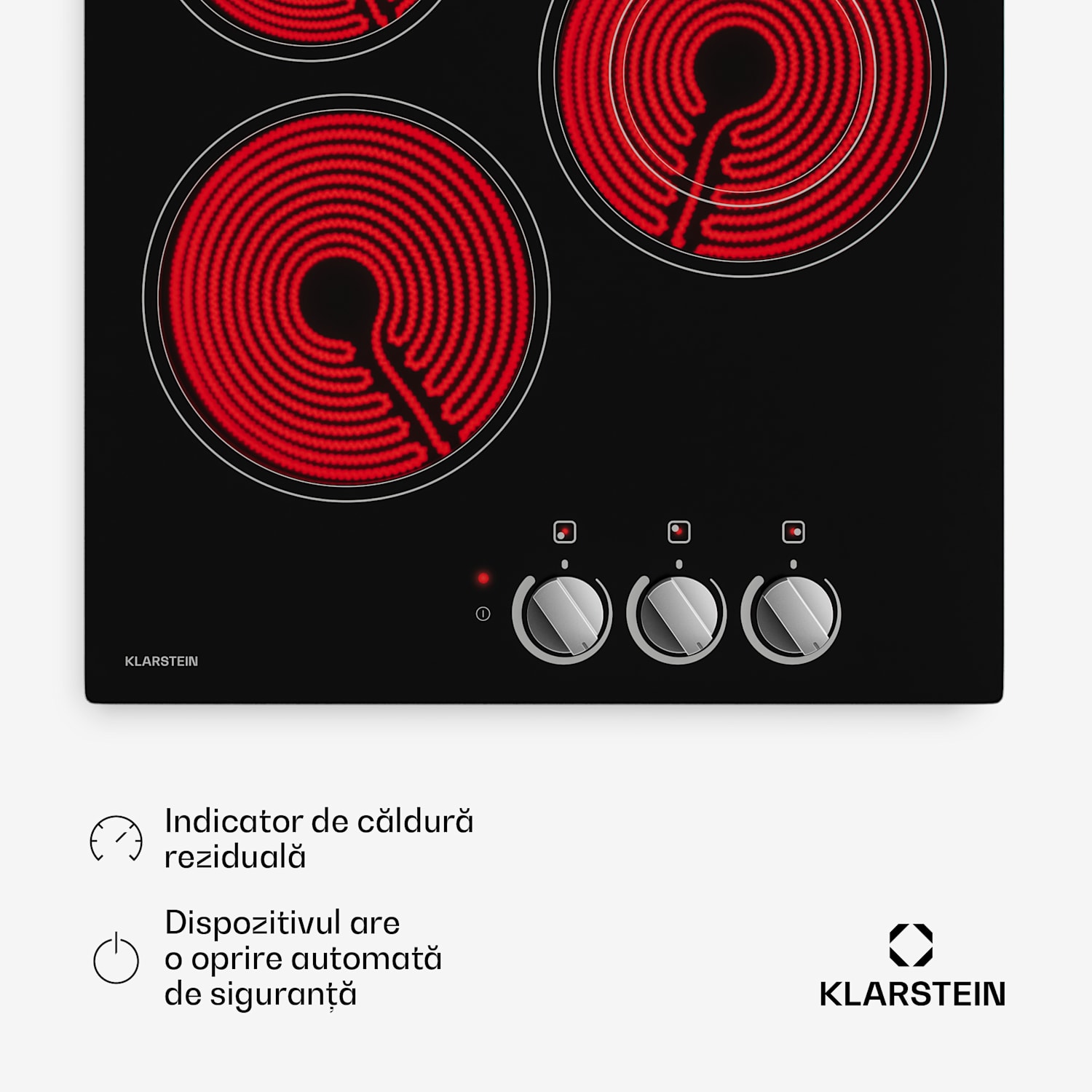Plită ceramică EasyCook | 3 zone de gătit | 4700 W | 11 niveluri de putere | 45 cm 45 cm | Zona dubla