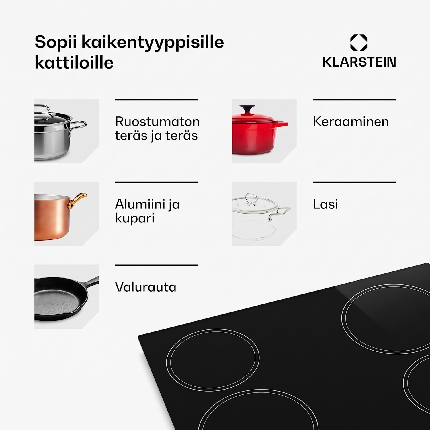 EasyCook lasikeramiikkaliesi | 4 keittoaluetta | 6000 W | 11 tehotasoa | 60 cm 60 cm | Yksittäiset vyöhykkeet