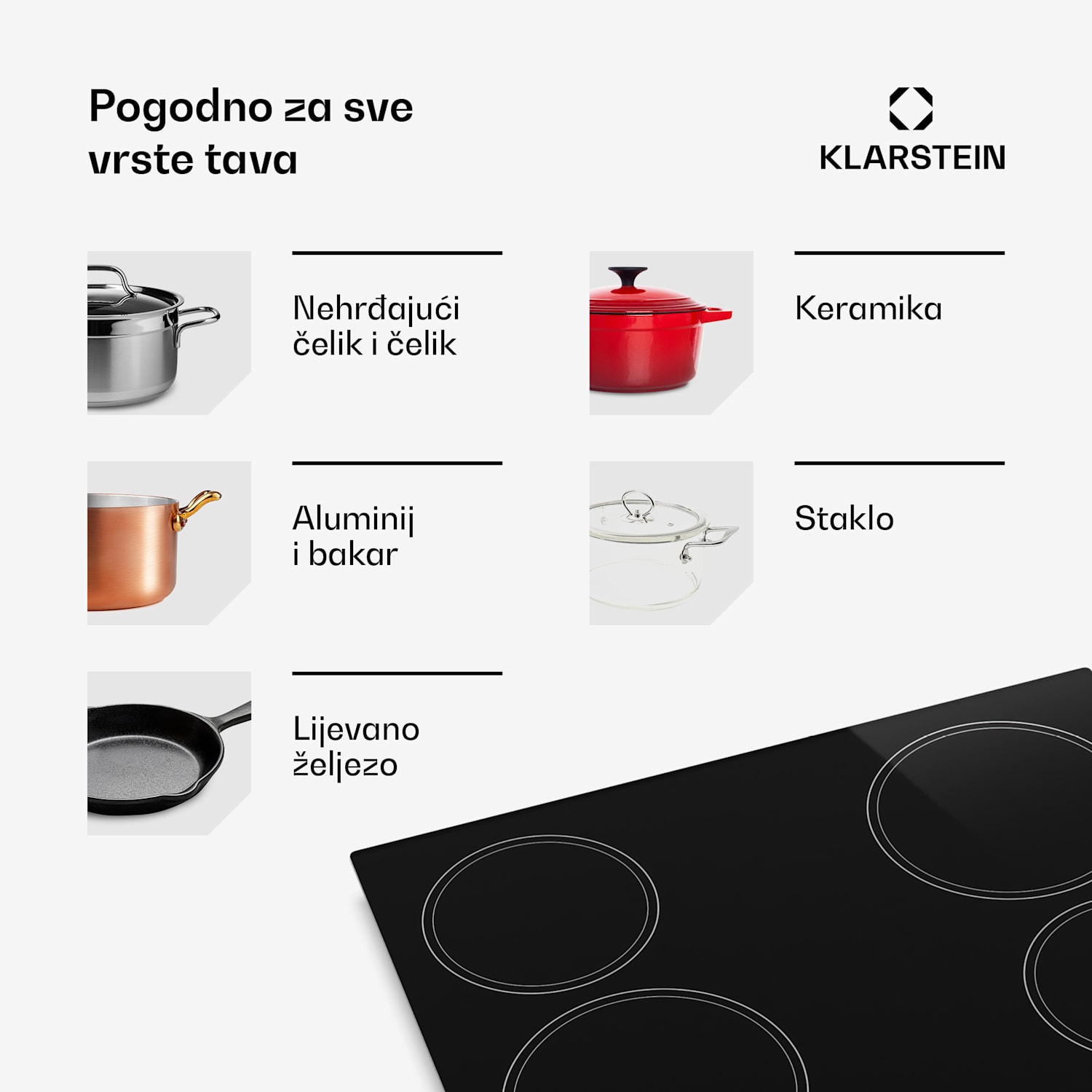 Staklokeramička ploča za kuhanje EasyCook | 4 zone za kuhanje | 5800 W | 11 razina snage | 60 cm 60 cm | Pojedinačne zone